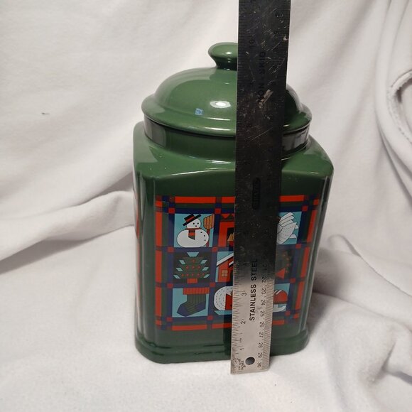 Dayton Hudson Green Christmas Cookie Jar Quilt Blocks Vintage Ceramic 9 3/4" - Picture 11 of 12